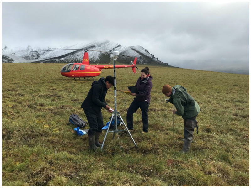 Students measuring permafrost thaw, a helicopter is in the background