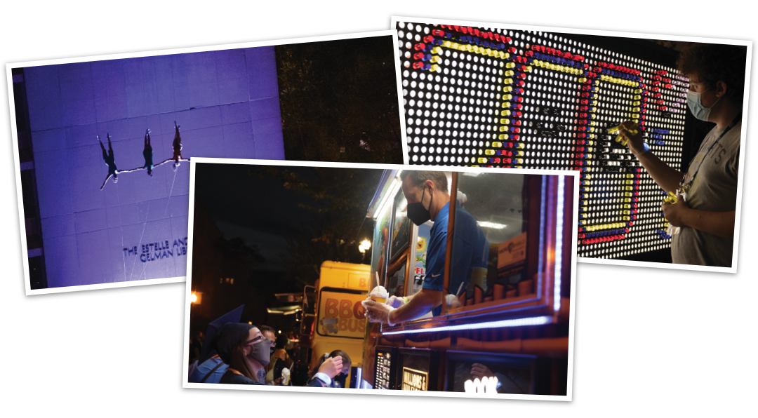 Photo collage showing aerial acrobat performers wall climbing in Kogan Plaza, a food truck, and a student installing a light-bright like installation
