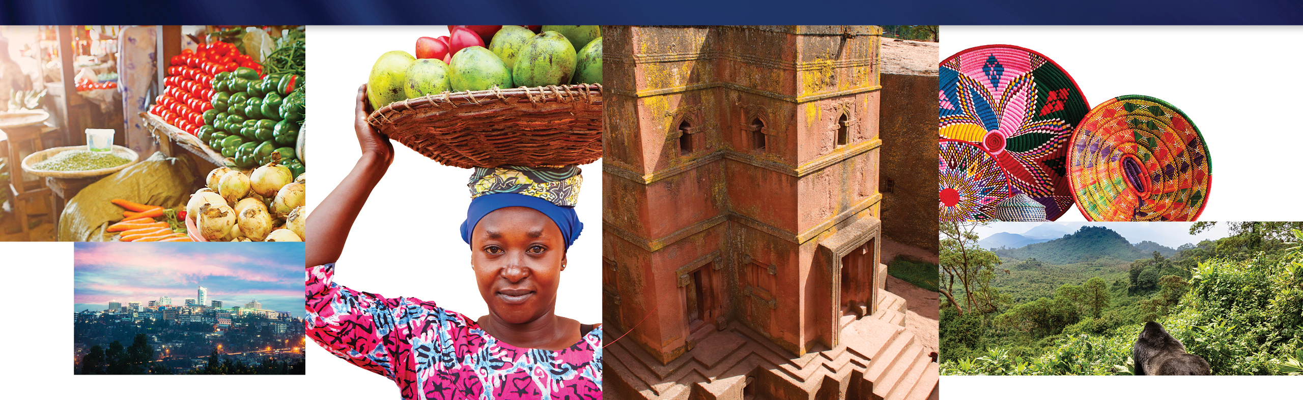 A food market, city skyline, woman with a food basket on her head, decorative bowls, and a rainforest