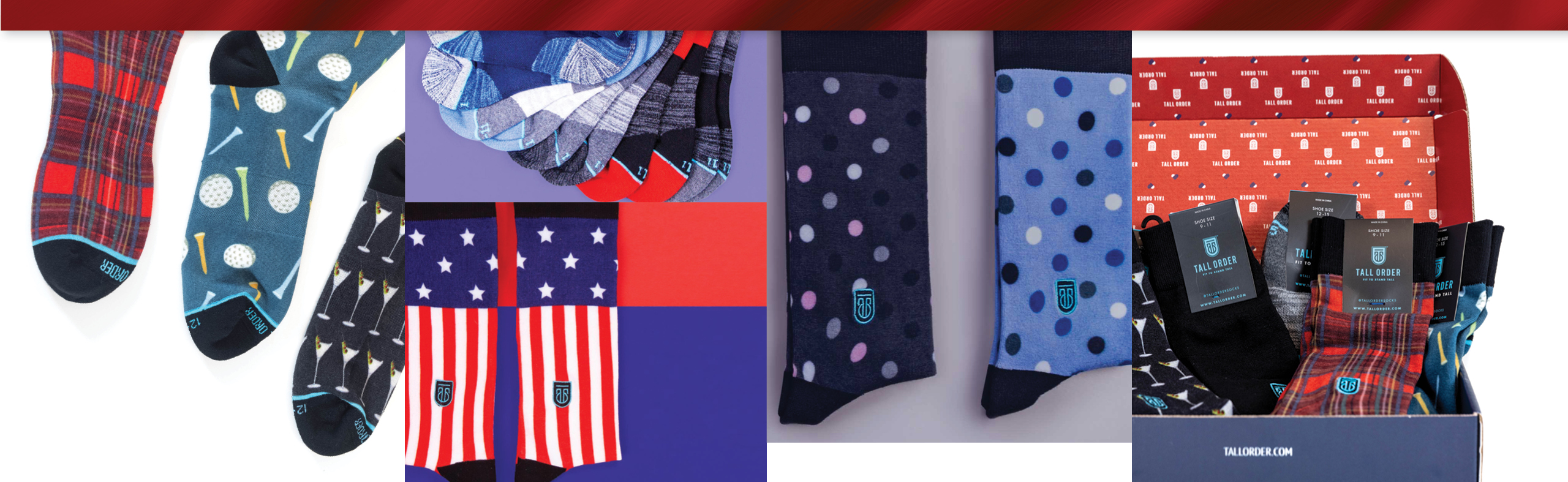 Decorative socks including plaid, golf themed, martini glasses, and americana theme