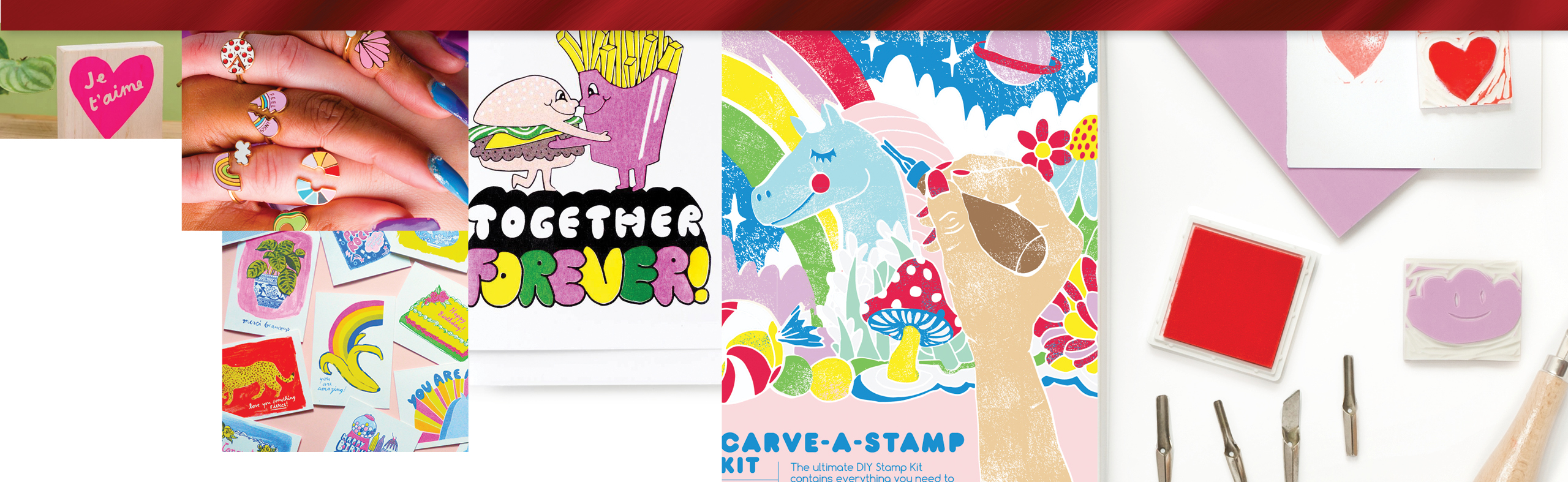 Crafts including stamps, jewelry, and graphic drawings