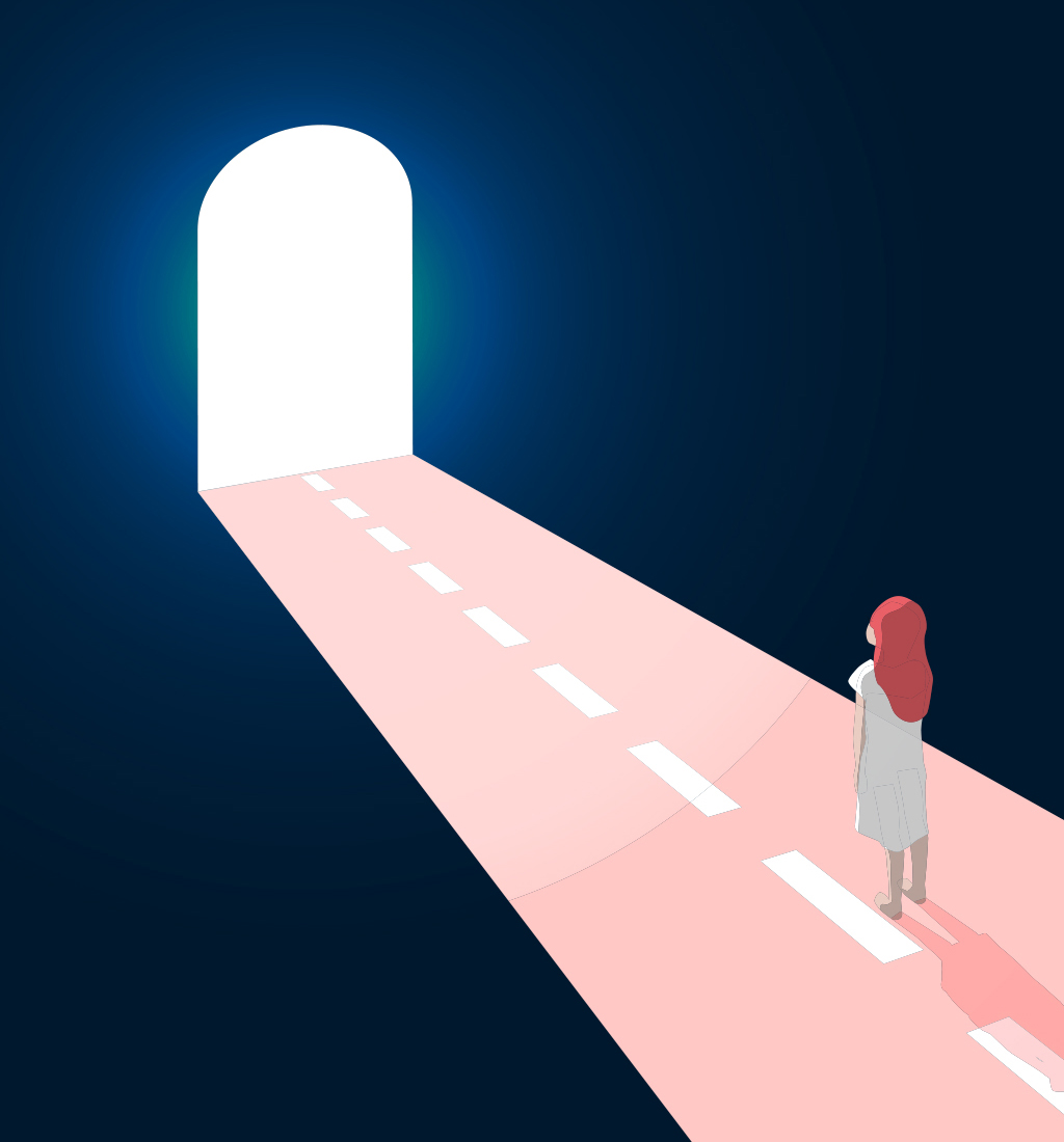 A graphic showing a woman looking towards an open door