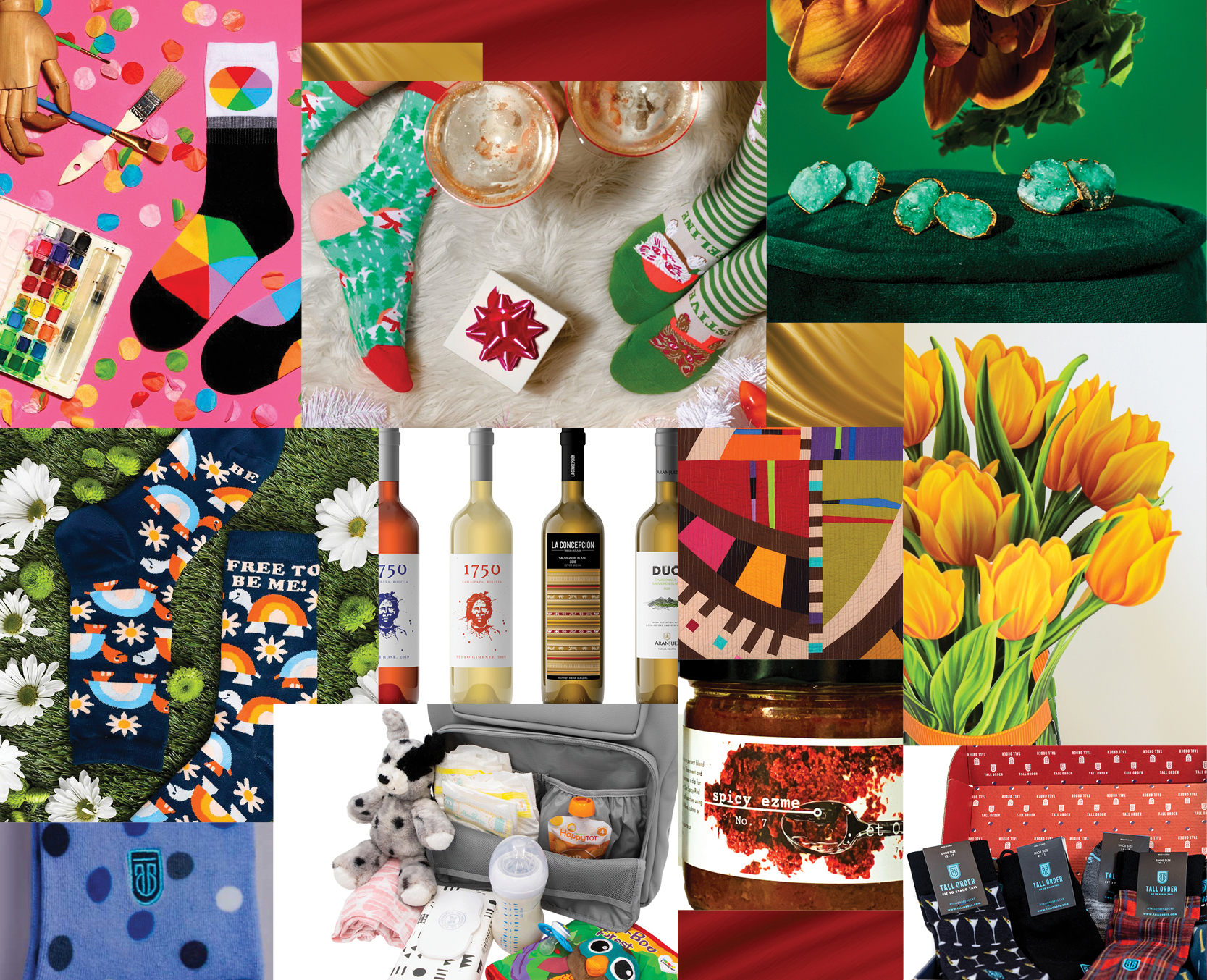 Collage of gift ideas including socks, wine bottles, flowers, and jewelry