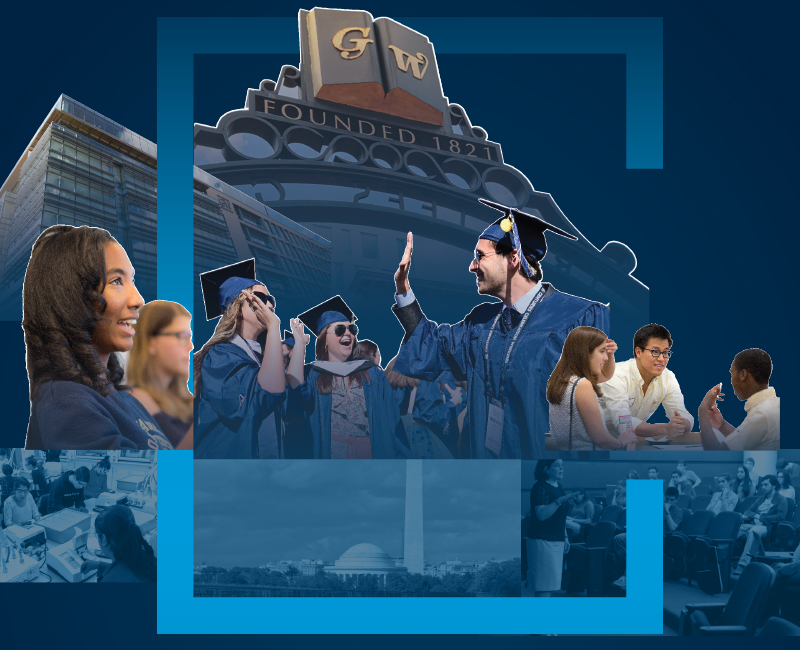 Scholarship collage images including students in cap and gown high fiving, students around a table in a classroom, and Trustees Gate in Kogan Plaza
