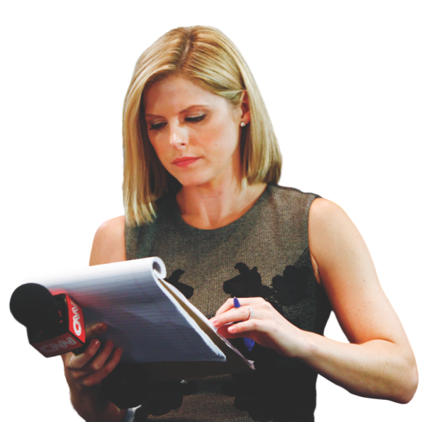 Kate Bolduan with a microphone and pad of paper