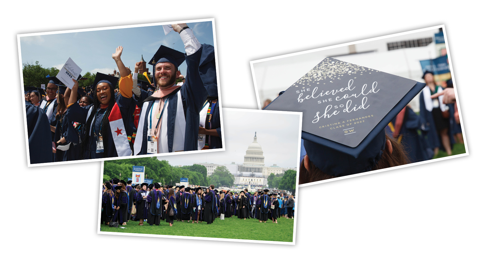 Collage of photos from commencement including photos of students in cap and gown, and students lining up before commencement on the National Mall with the U.S. Capitol in the background