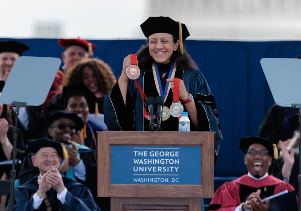 Elana Meyers Taylor giving her address at GW's 2022 Commencement on the National Mall