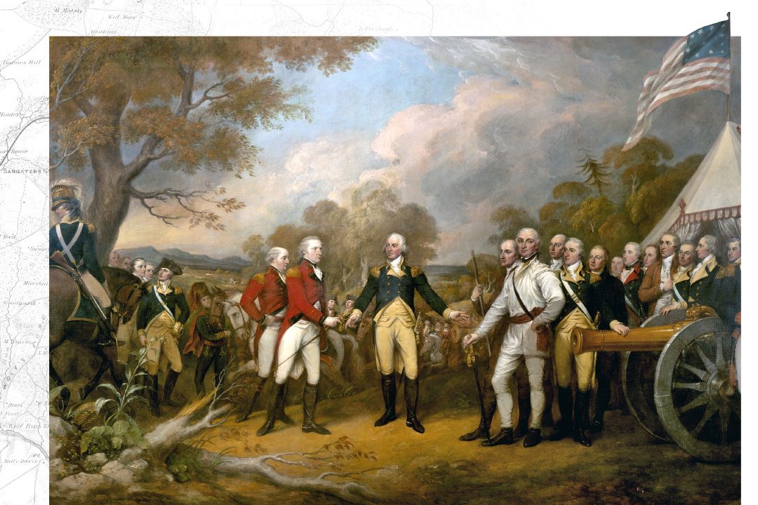 Completed in 1821, John Trumbull's depiction of General Burgoyne's surrender to George Washington hangs in the Capitol to this day.