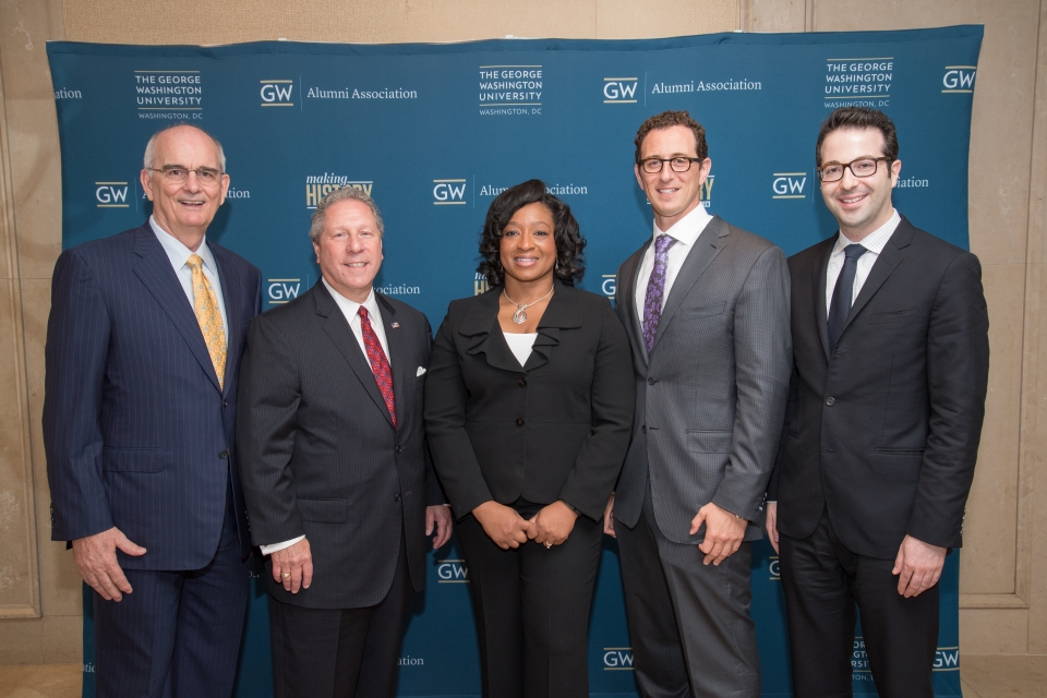 Alumni Achievement Award winners (from left): Gregory H. Williams, JD ’71, MPhil ’77, PhD ’82; Richard D. Heideman, JD ’72; Christyl C. Johnson, PhD ’12; Elad I. Levy, MD ’97; and Jay S. Kaplan, BS ’08, MS ’09