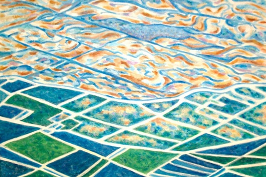 a painting of field from a high vantage point