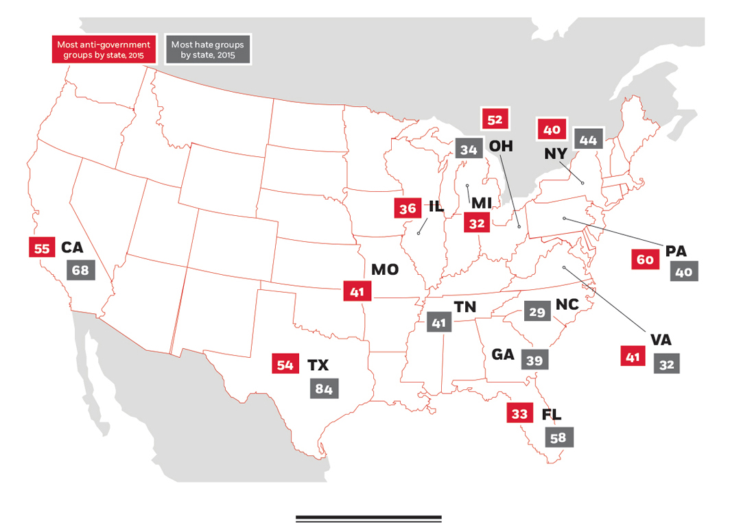 Antigovernment and hate groups on US map