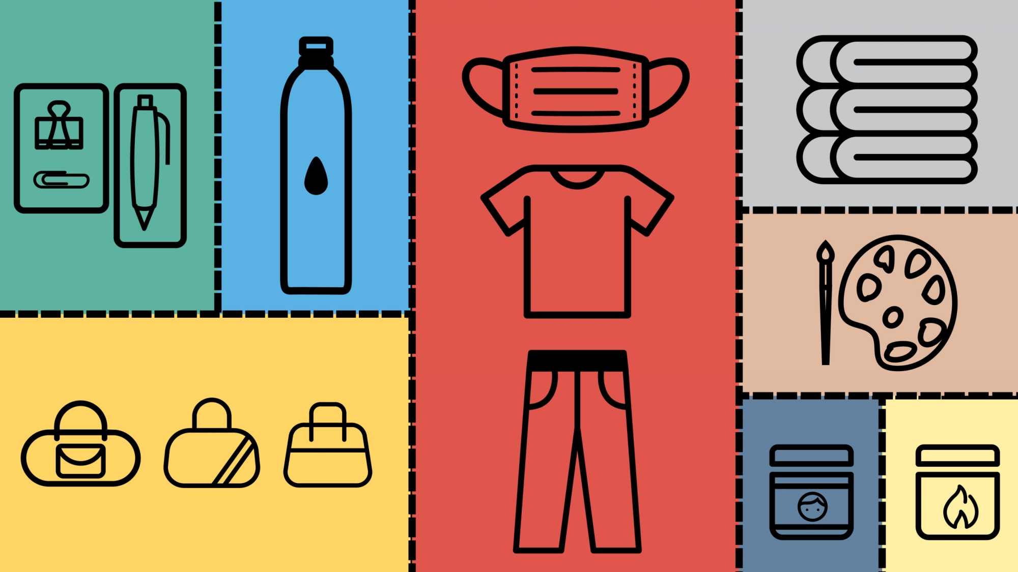 Illistration of water bottle, mask, clothing, towels, office supplies, purses, paint, and paintbrush