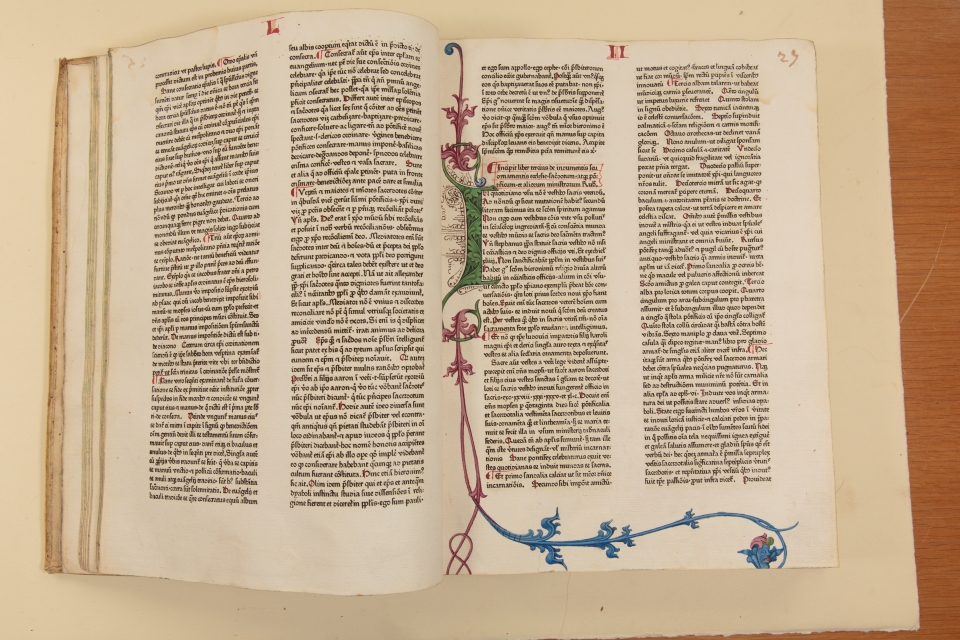 Rationale Divinorum Officiorum, 1470: This book of canon law, written by a 13th-century French bishop, is one of the oldest books owned by the library and has beautiful illuminated text.