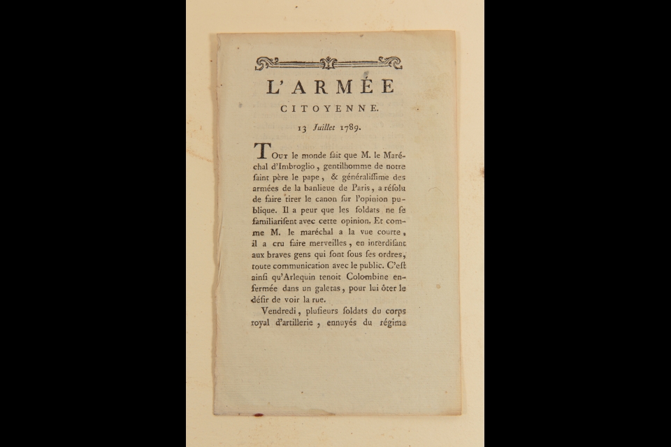 Pre-Bastille Day pamphlet, 1789: This pamphlet, found in a box of ephemera purchased by the library, was published in Paris on July 13, 1789.