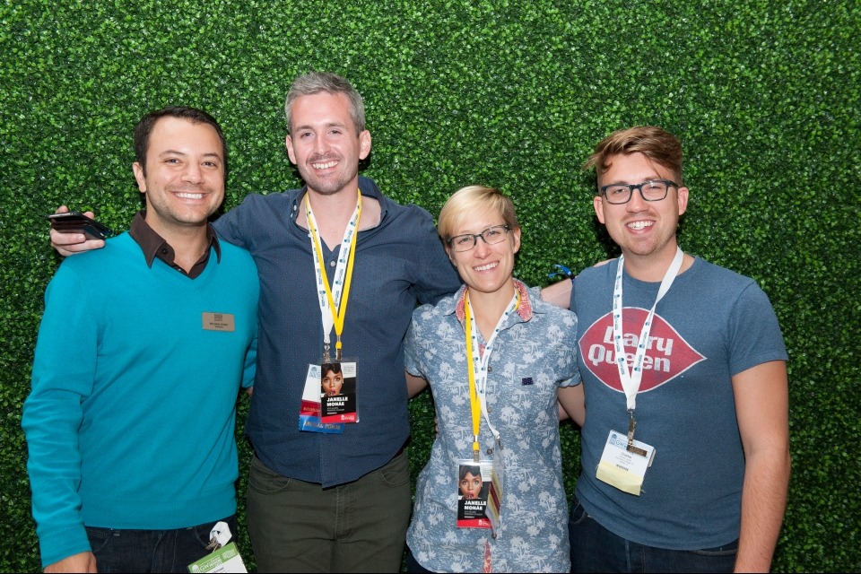 Friends gathered at a networking reception hosted by the LGBT Alumni Association.
