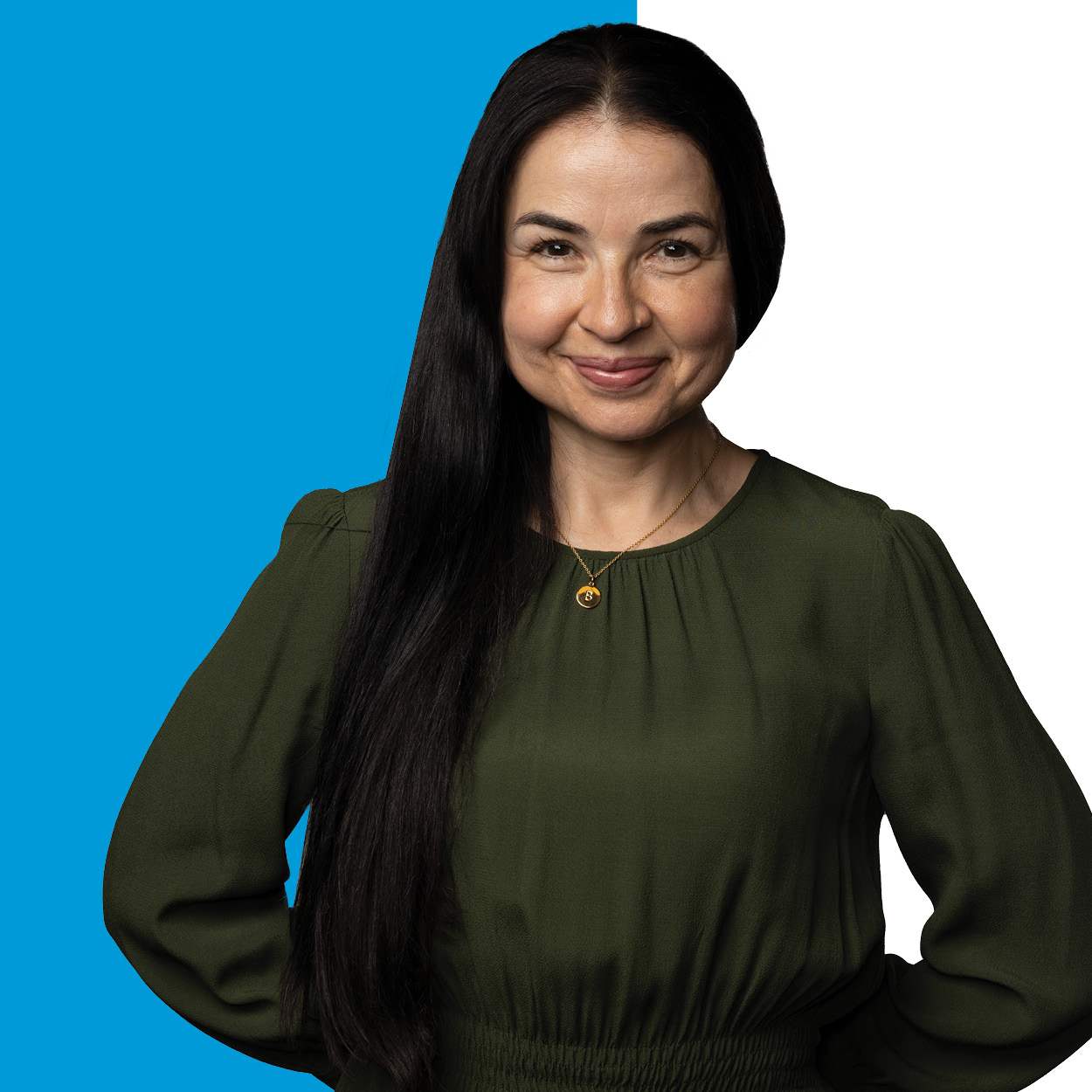 Kathy Baird on a blue background