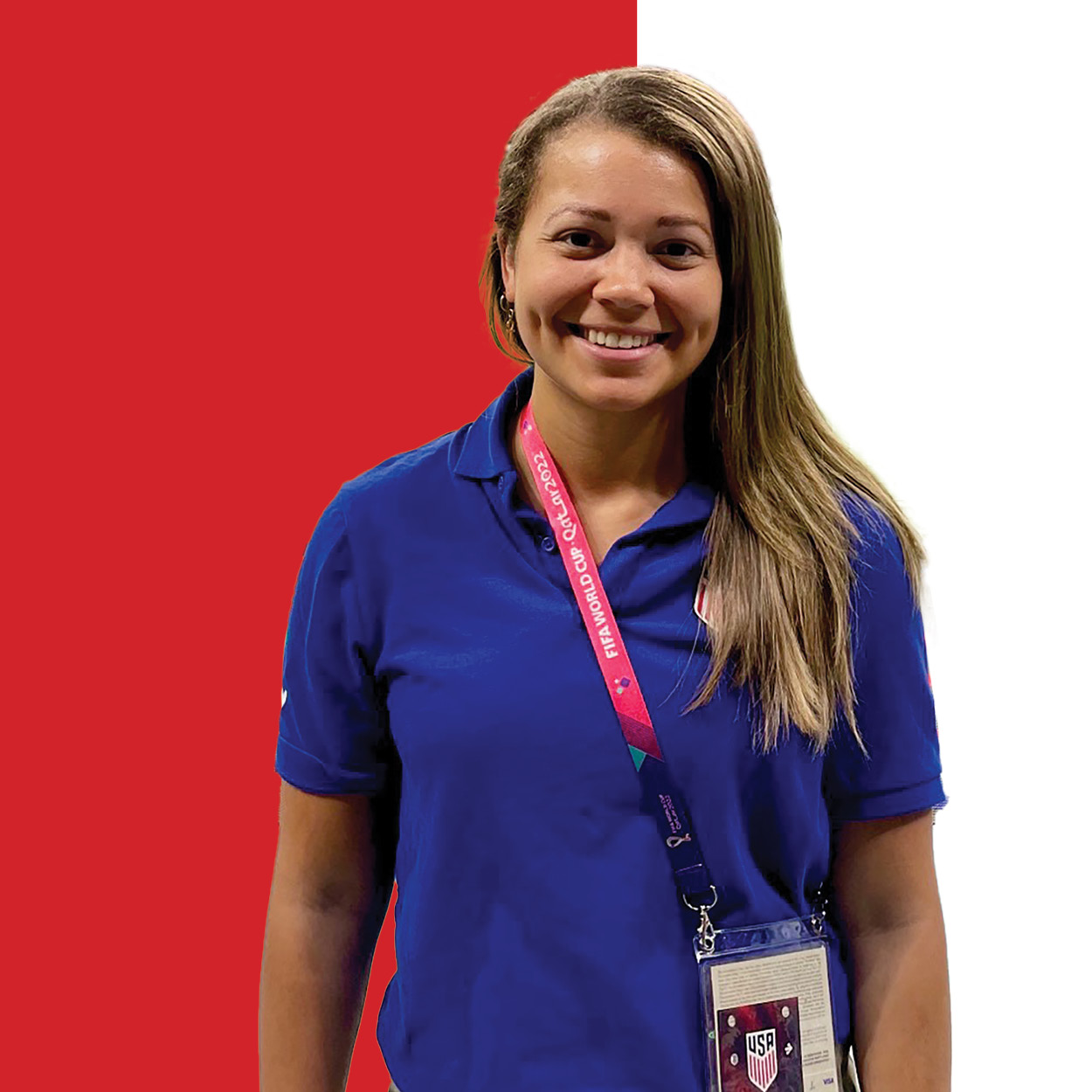 Rachel Wolf-Hubbard on a red background