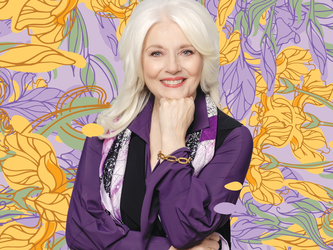 Cynthia Germanotta on a purple and yellow floral background