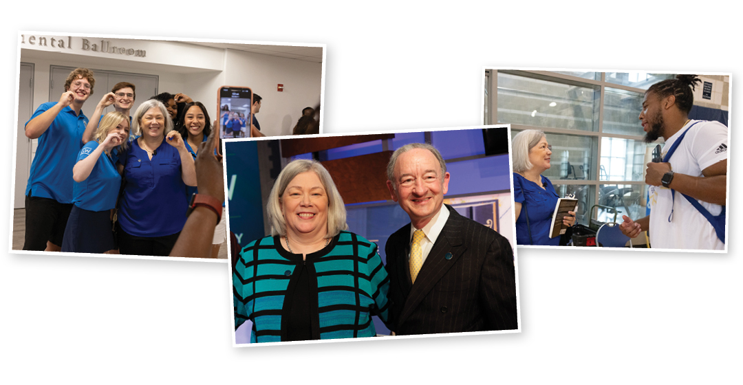 Three photos: Ellen Granberg poses with students, President Ellen Granberg poses with interim President Mark Wrighton, President Granberg speaks with a student