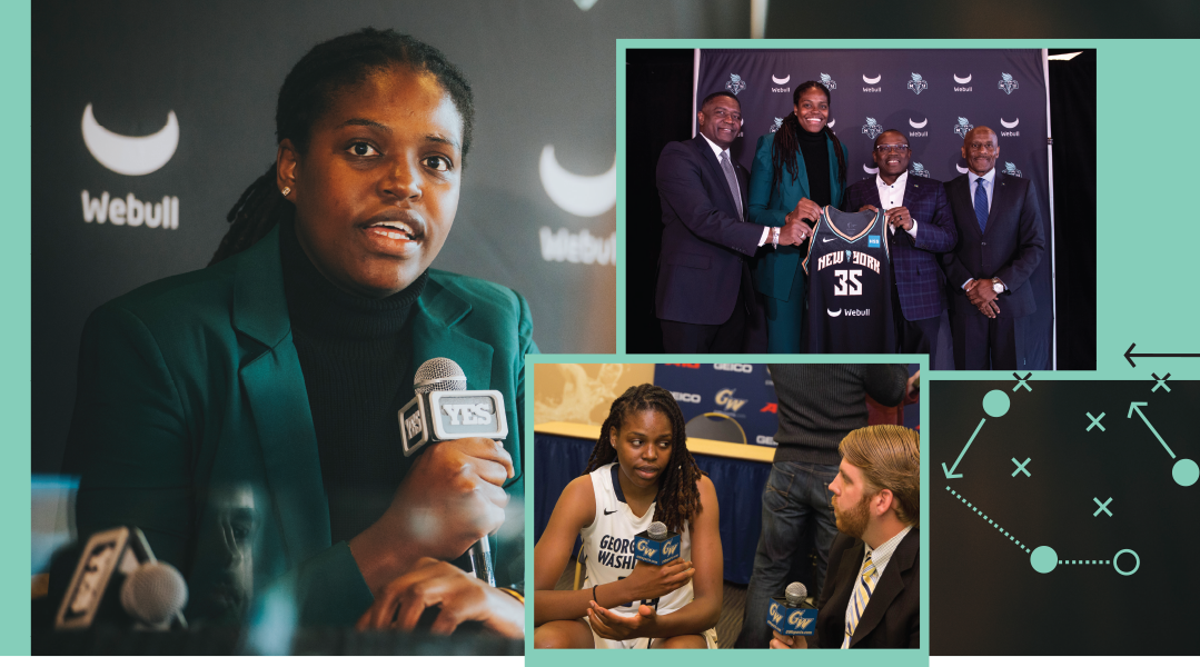 LEFT: New York Liberty forward, Jonquel Jones; Top: Members of the Bahamian Consulate with Jones; Lower: Jones during her time on the GW Women's Basketball team.