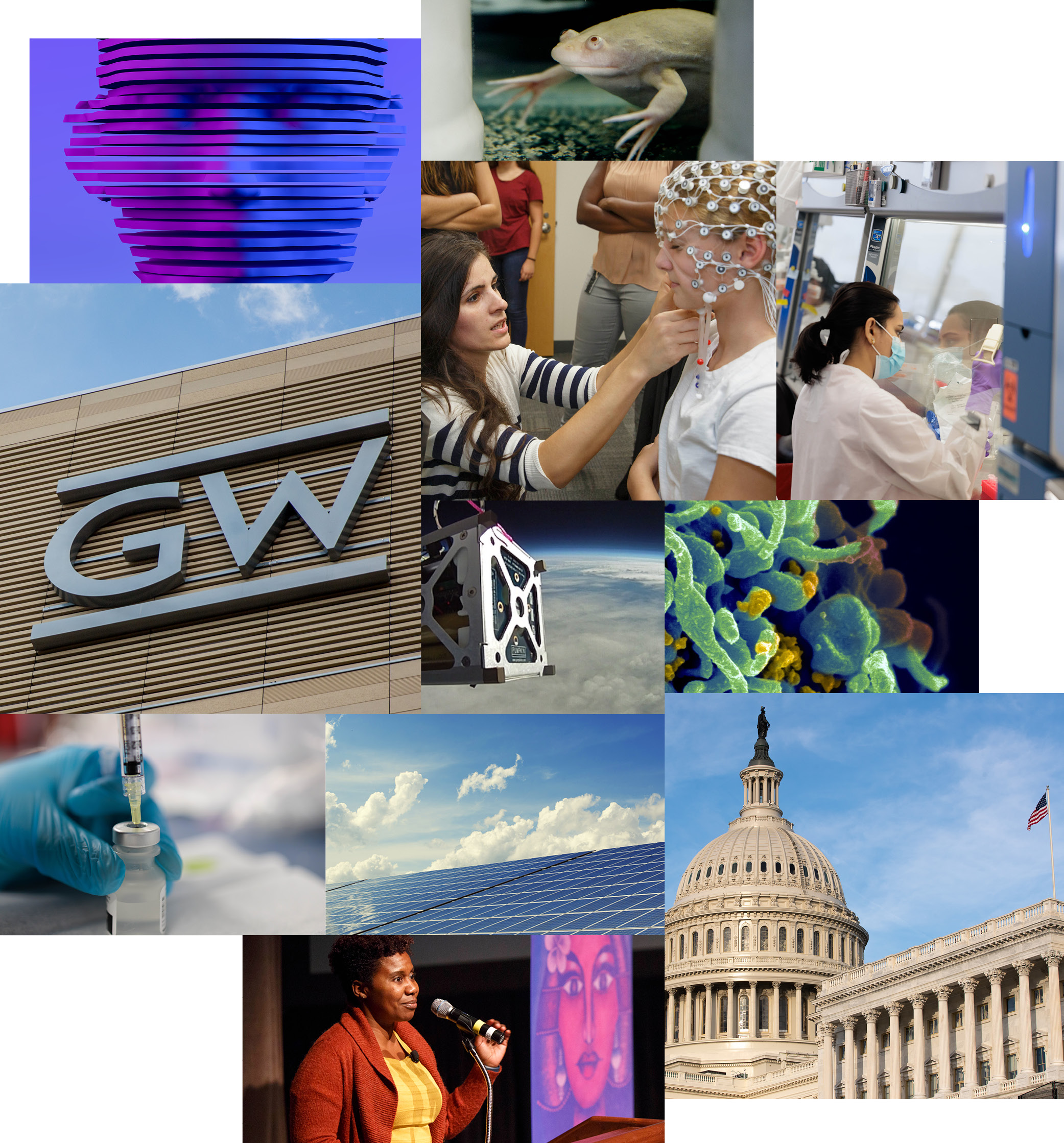 Photo collage of GW and Washington D.C. scenes