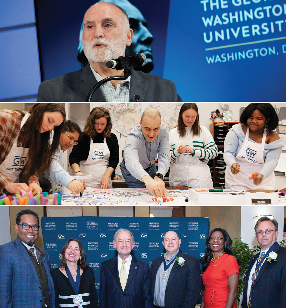 Photo collage: Jose Andres, Art Therapy, and GW Leadership