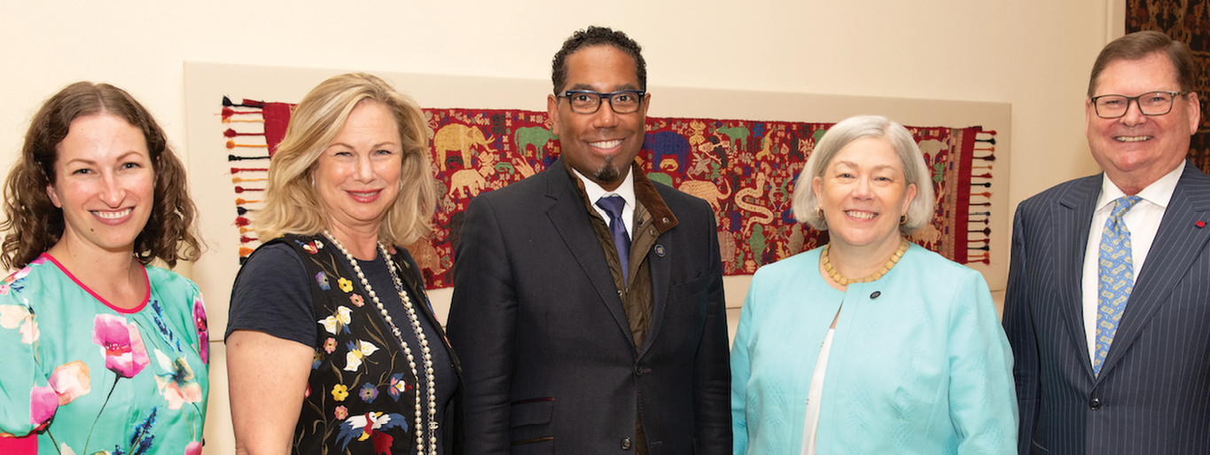 Eliza Ward, museum development director; Vice President for Development and Alumni Relations Donna Arbide; Provost Christopher Alan Bracey; President Ellen M. Granberg; Bruce Baganz, Textile Museum board chair and GW Museum board co-chair