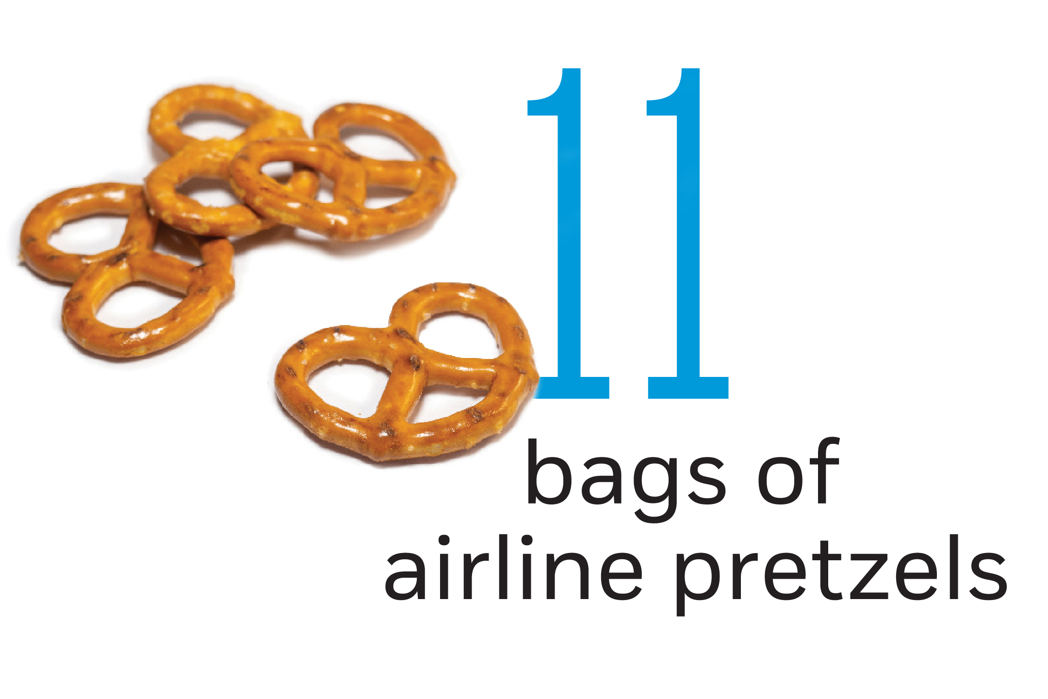 "11 bags of airline pretzels," a photo of pretzels