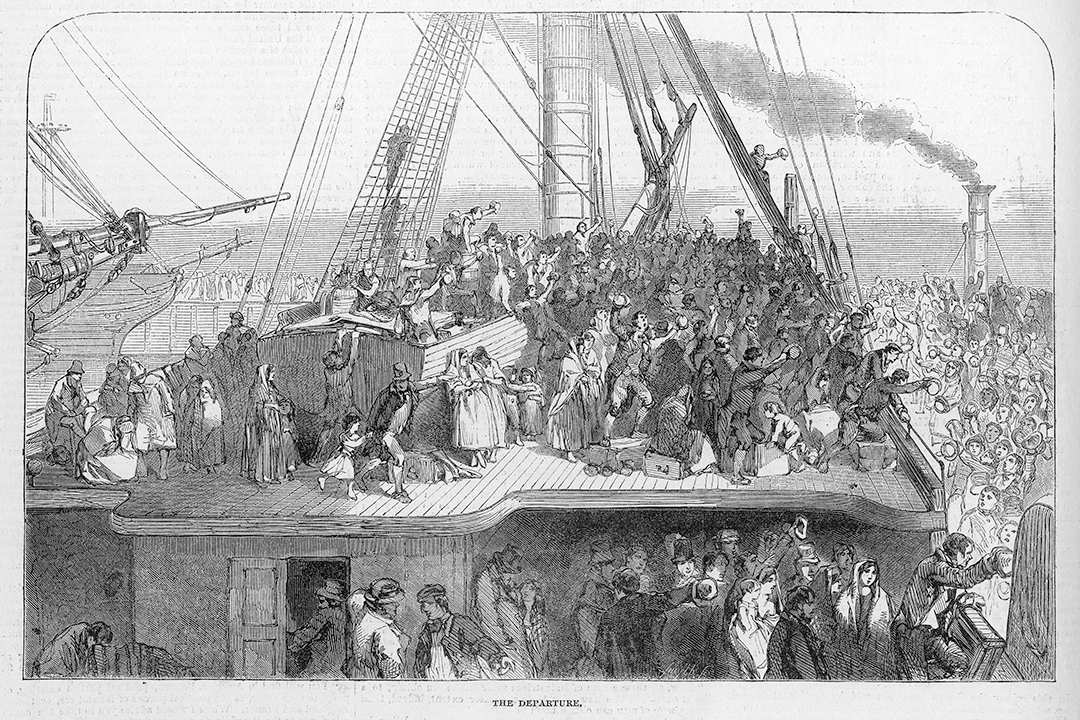 An 1850 illustration depicts Irish immigrants sailing to the U.S. on an overcrowded ship during the potato famine.