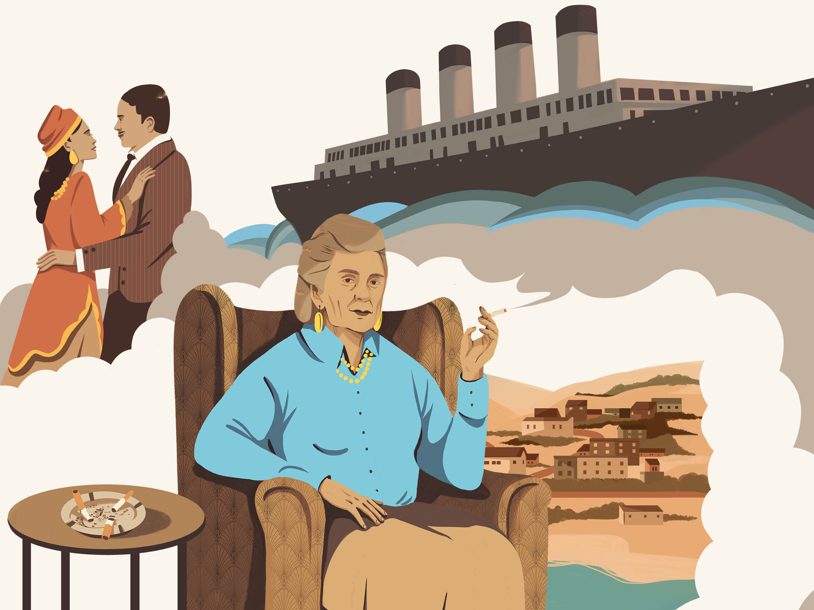 illustration of a ship, two people hugging and a woman sitting in a chair with a cigarette