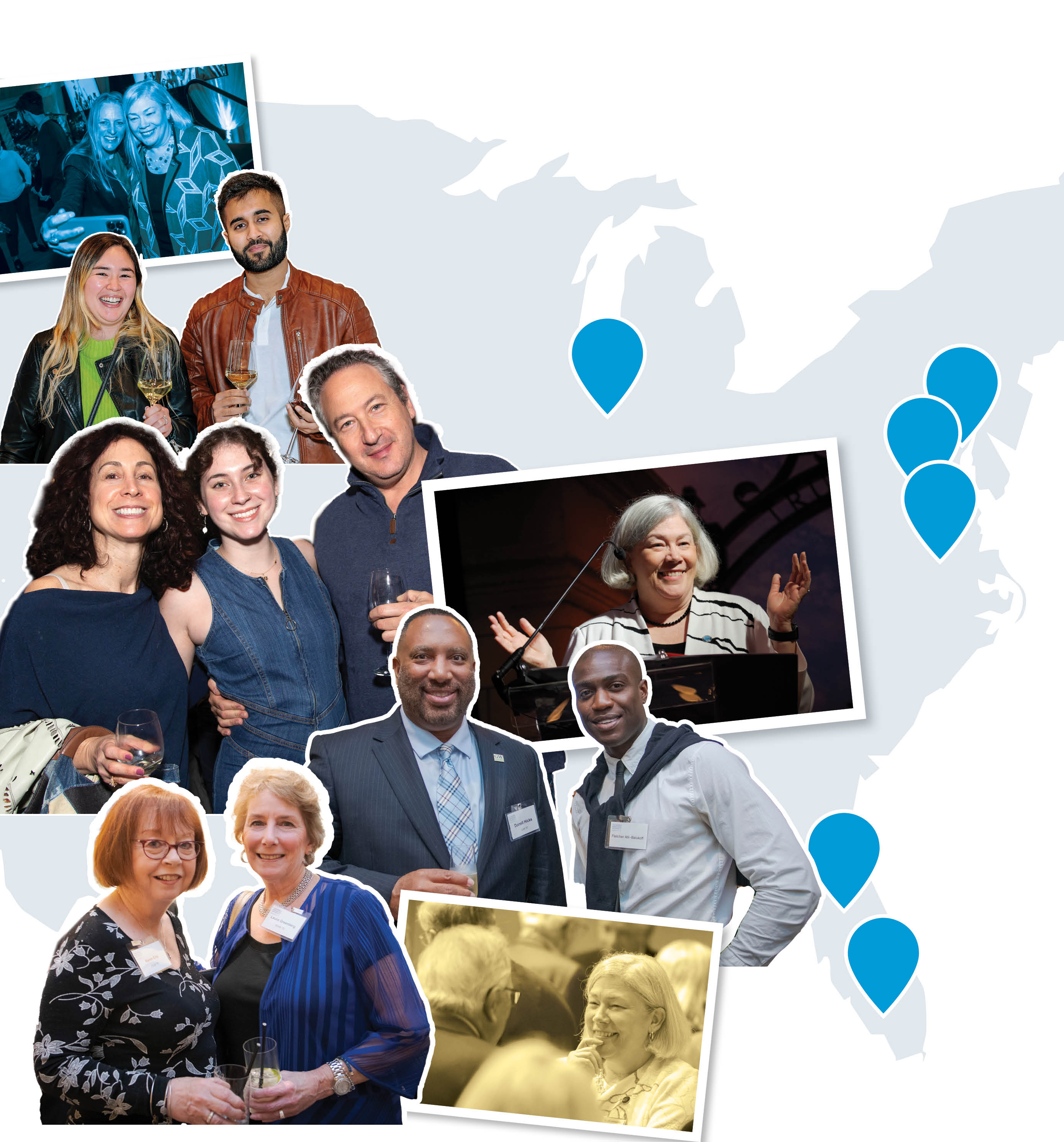 Map of locations visited by President Granberg and a photo collage from the events