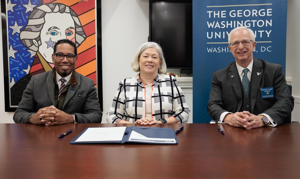 from left Provost Christopher Alan Bracey, President Ellen M. Granberg and Wolcott Foundation Chair Michael Clark