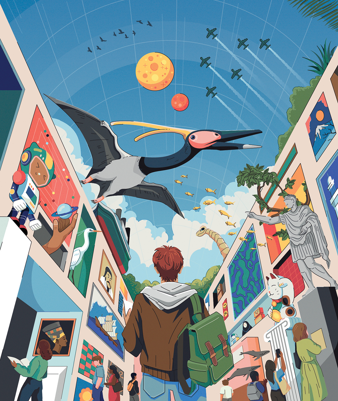 Illustration of a person on a busy street looking up at the sky 