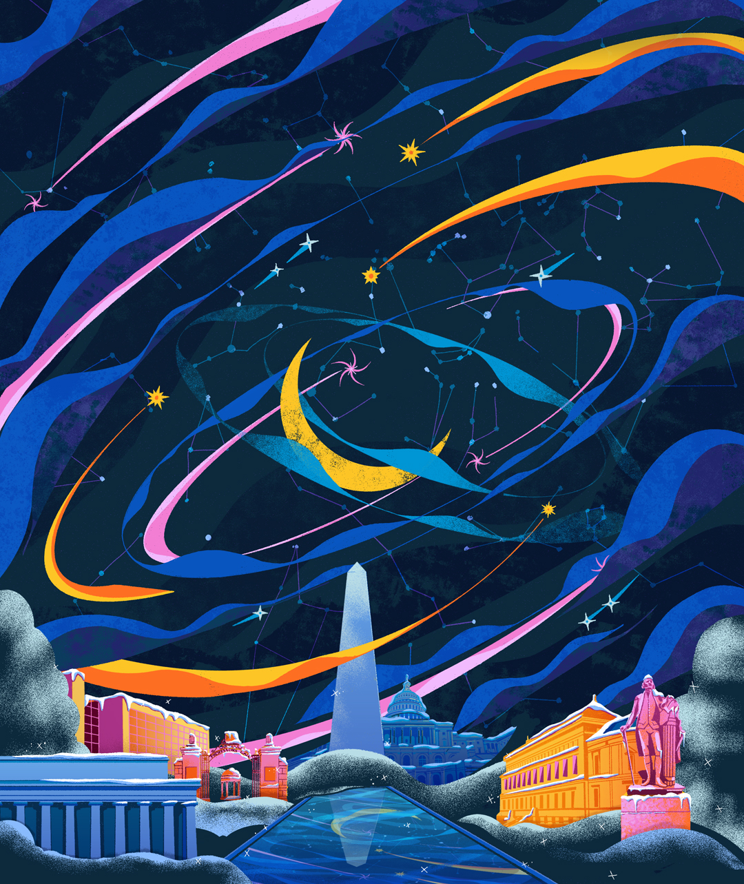 illustration of Washington D.C. monuments at night