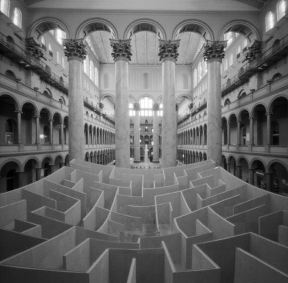 In Maze (National Building Museum), 2014, dozens of tourists traversing a labyrinth are reduced to wisps during a two-minute exposure.