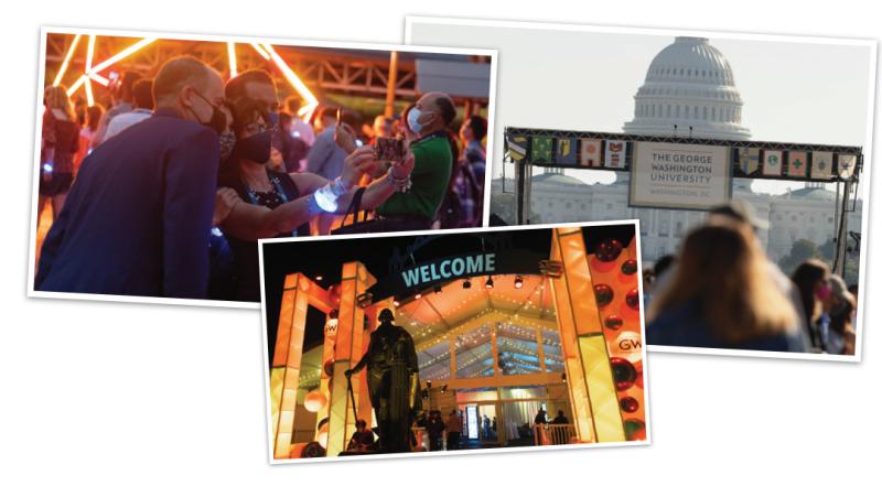 Photo collage showing people taking a selfie in Kogan Plaza, the welcome tent at bicentennial bash, and graduation stage in front of the U.S. Capitol Building