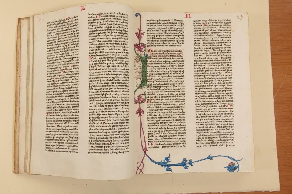 Rationale Divinorum Officiorum, 1470: This book of canon law, written by a 13th-century French bishop, is one of the oldest books owned by the library and has beautiful illuminated text.