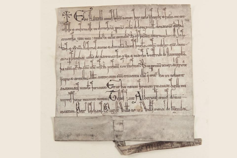 1 of 10 A French deed, 1199: This is the oldest piece owned by the Burns library. It is one of 28 parchments relating to the Abbaye de Clairmarais, a nowruinous abbey in northern France. This document is a deed for two