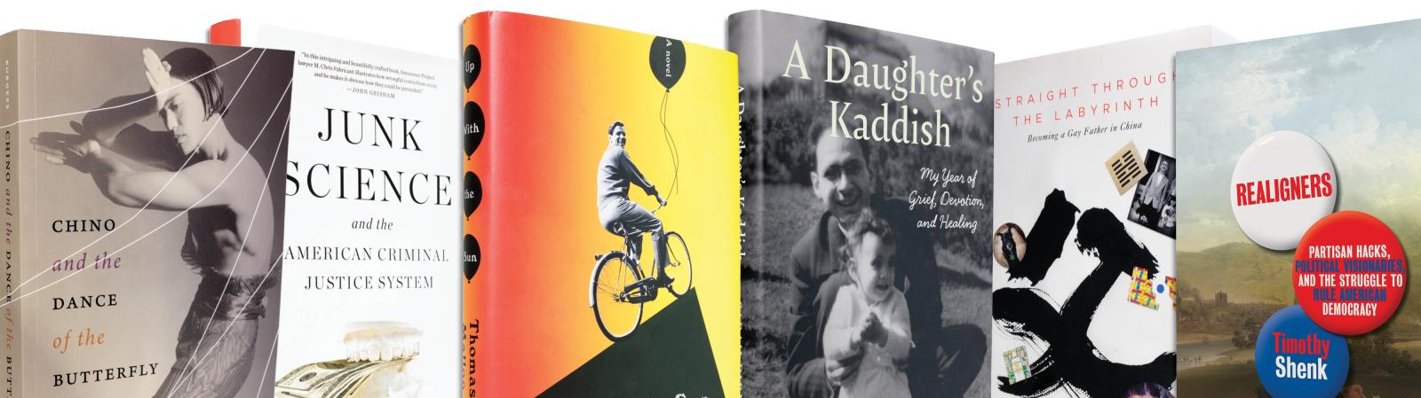 6 book covers lined up on a white background