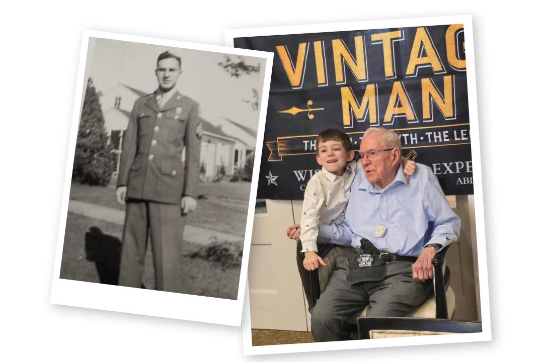 Charles W. Chapman, B.A. ’51, M.A. ’59, in uniform in the 1940s and at his 100th birthday celebration with family in 2024