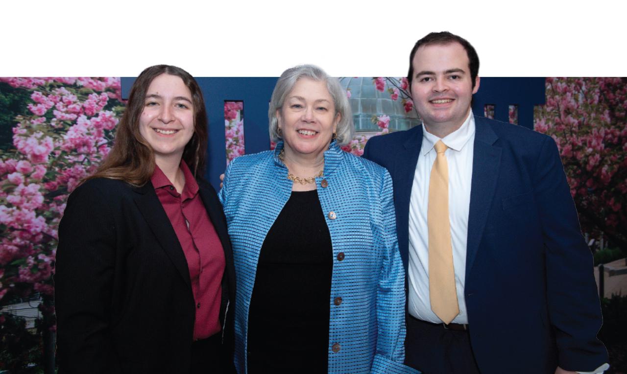 Student speakers Amy Fehr and Peyton Gallant with GW President Ellen M. Granberg at the 2025 Celebration of Scholarships and Fellowships. 