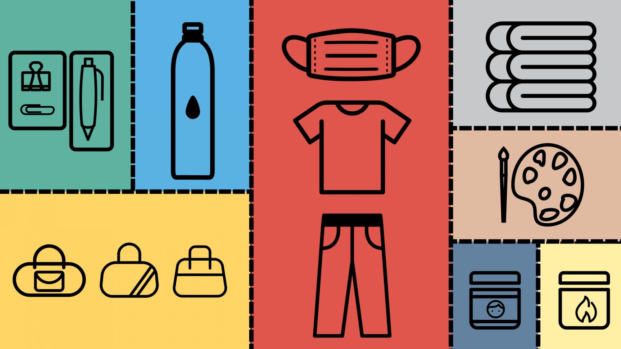 Illistration of water bottle, mask, clothing, towels, office supplies, purses, paint, and paintbrush