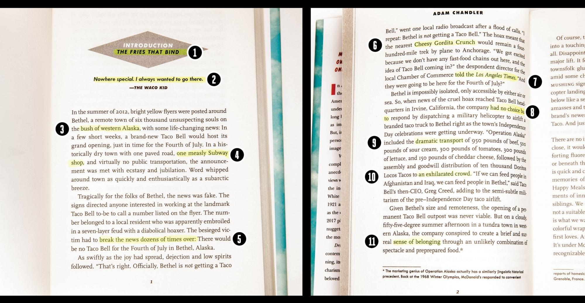 Here, Adam Chandler annotates the first two pages of Drive-Thru Dreams, giving you a behind-the-keyboard look at how part of his book came to be