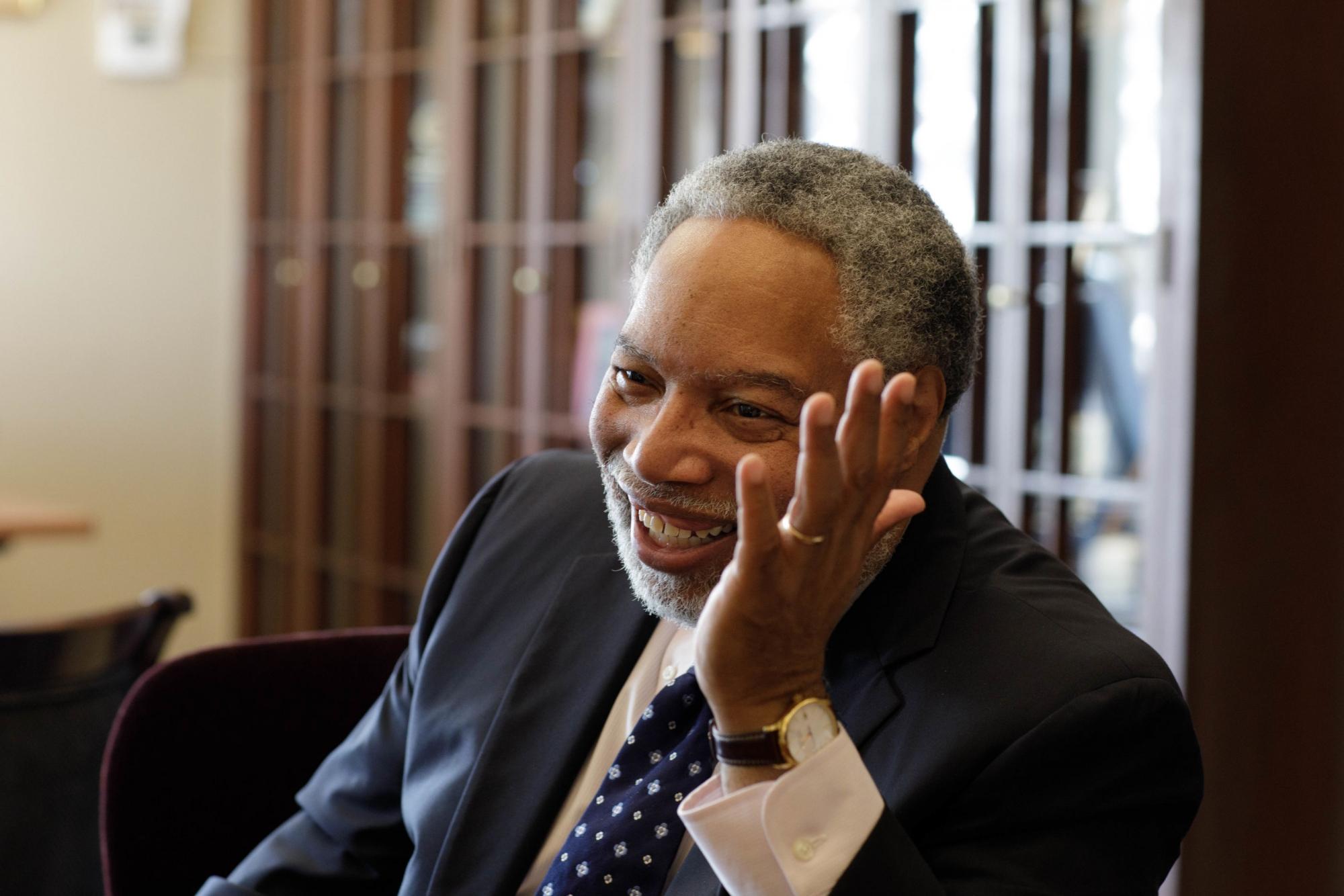Lonnie Bunch talks with GW Magazine in his office in the Smithsonian Castle in March.
