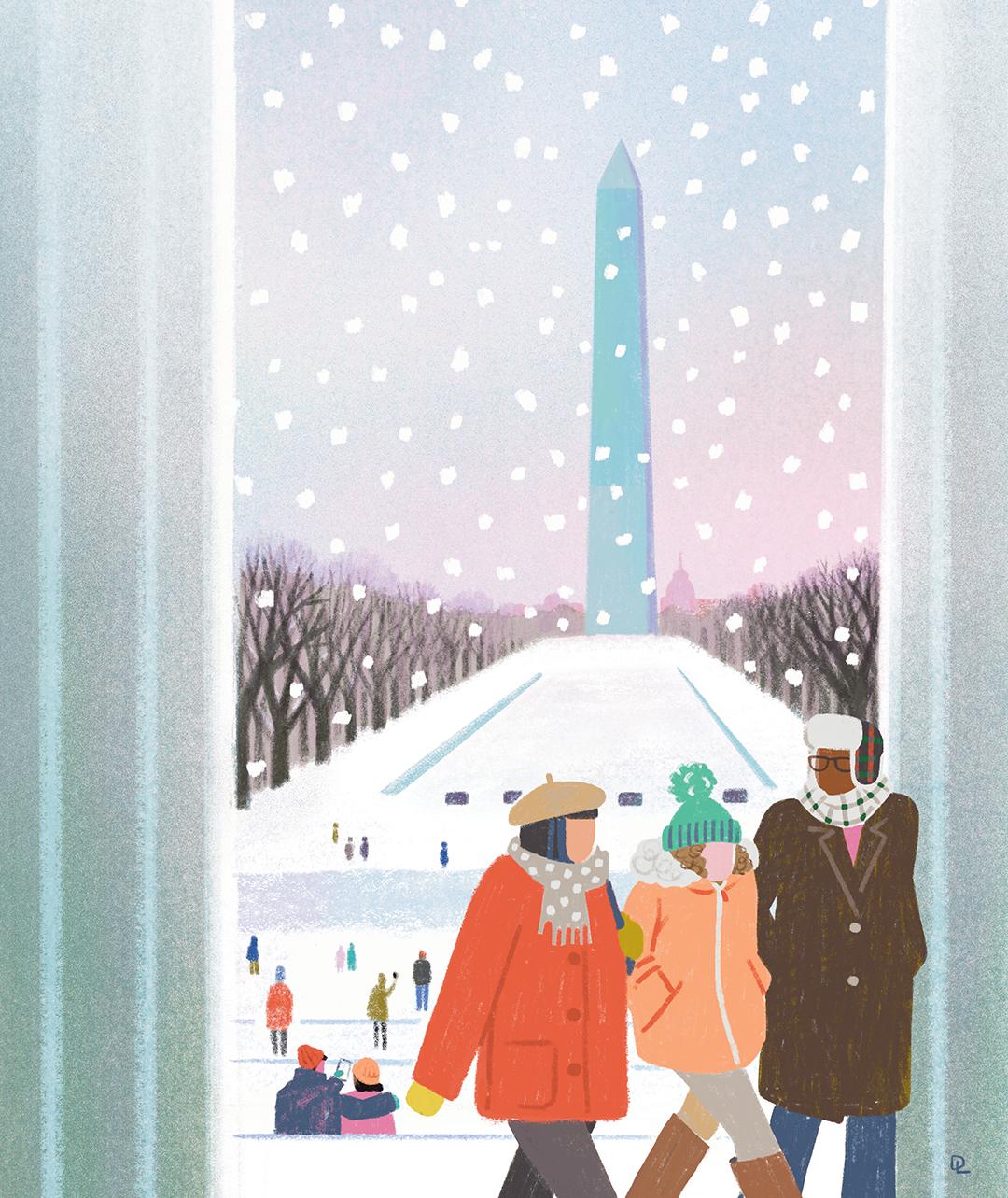 An illustration of three people on a snowy day walking in the Lincoln Memorial with the Washington Monument and reflecting pool in the background